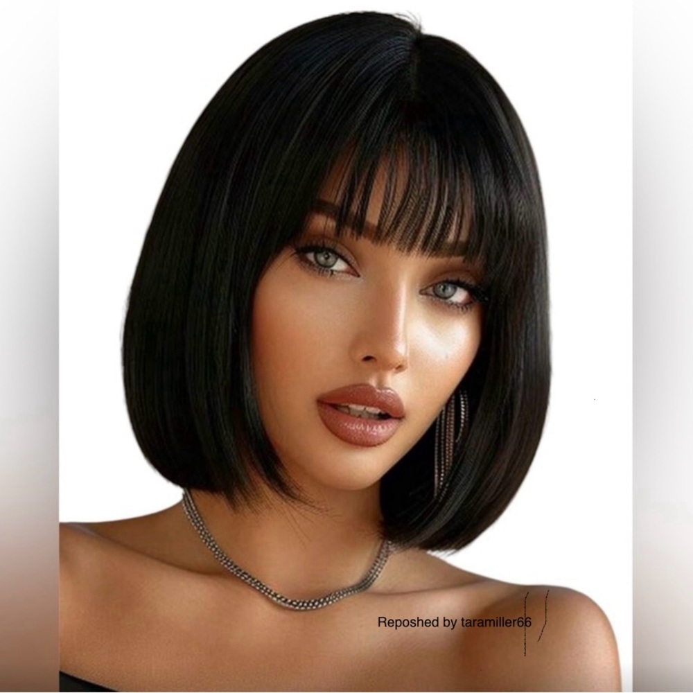 11 Inch Short Black Synthetic Wig With Bangs Natural Looking For Women